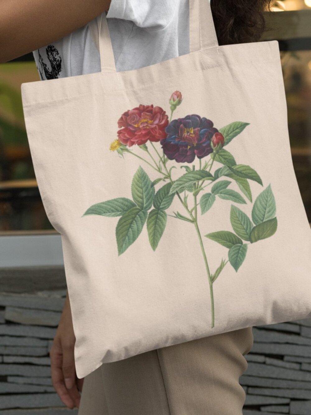 French Rose Vintage Floral Print Graphic Canvas Tote Bag